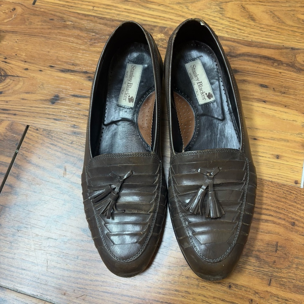 Stanley Blacker Brown Leather Italian Loafers Moccasin-Style Slip-Ons 9.5